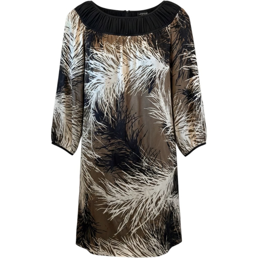 Maggy London Women 10 Silk Shift Dress Brown Black Abstract Feather Print Tunic